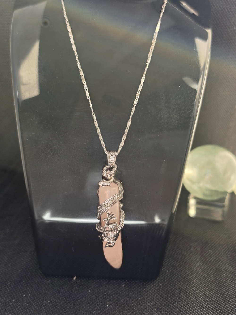 Rose Quartz Dragon Wrap Pendant Necklace - Pink Stone with Silver Tone Chain